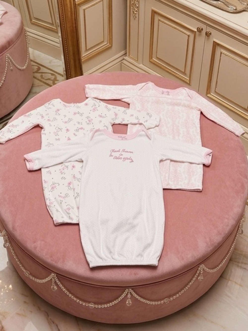 Little Me Pink and White Floral Cotton Infant Nightgown Set 0-3mo
